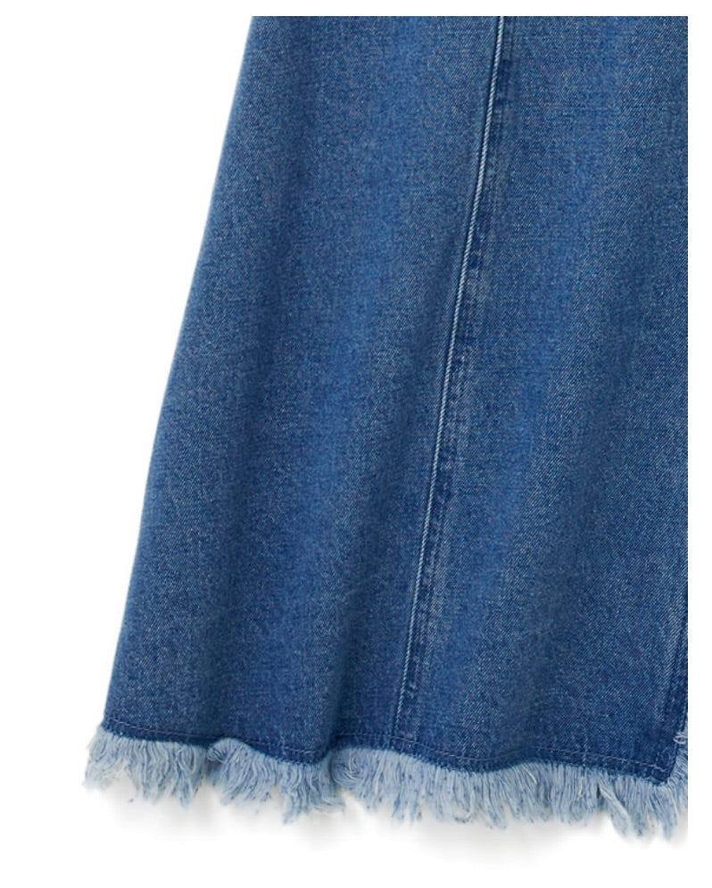 Saia de jeans longa com franjas delicadas(Azul)
