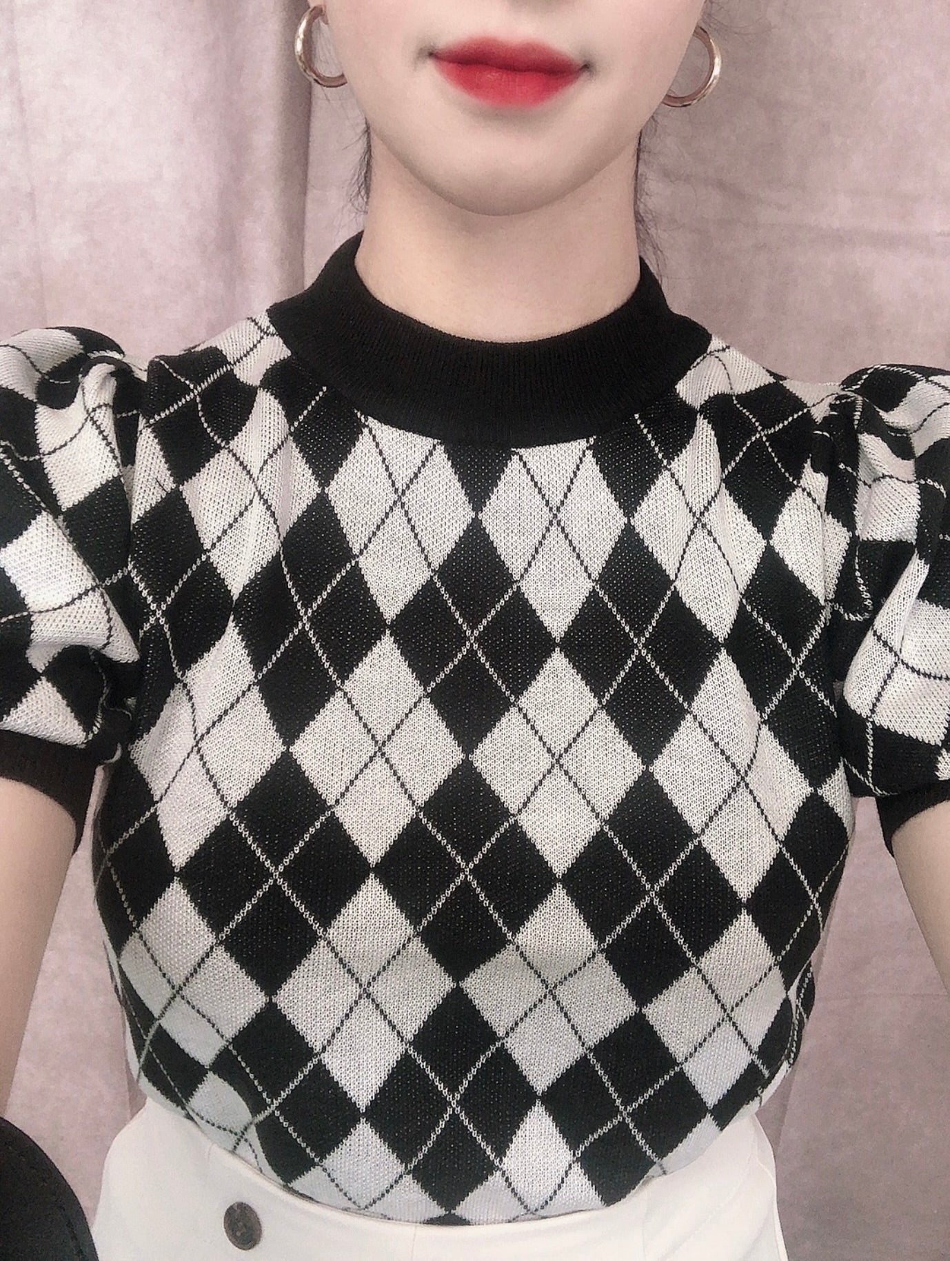 Top de malha estampa xadrez(Preto)