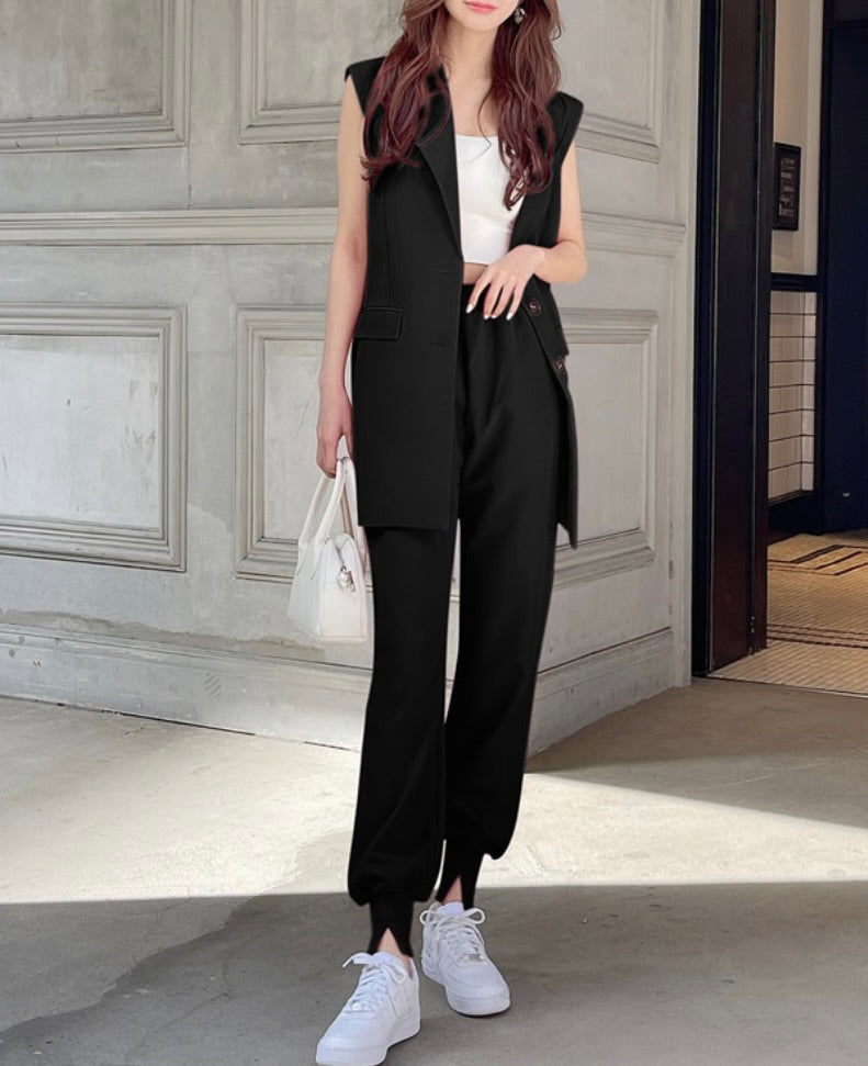 Conjunto de calça e jaqueta sem manga(Preto) – MONE fashion site