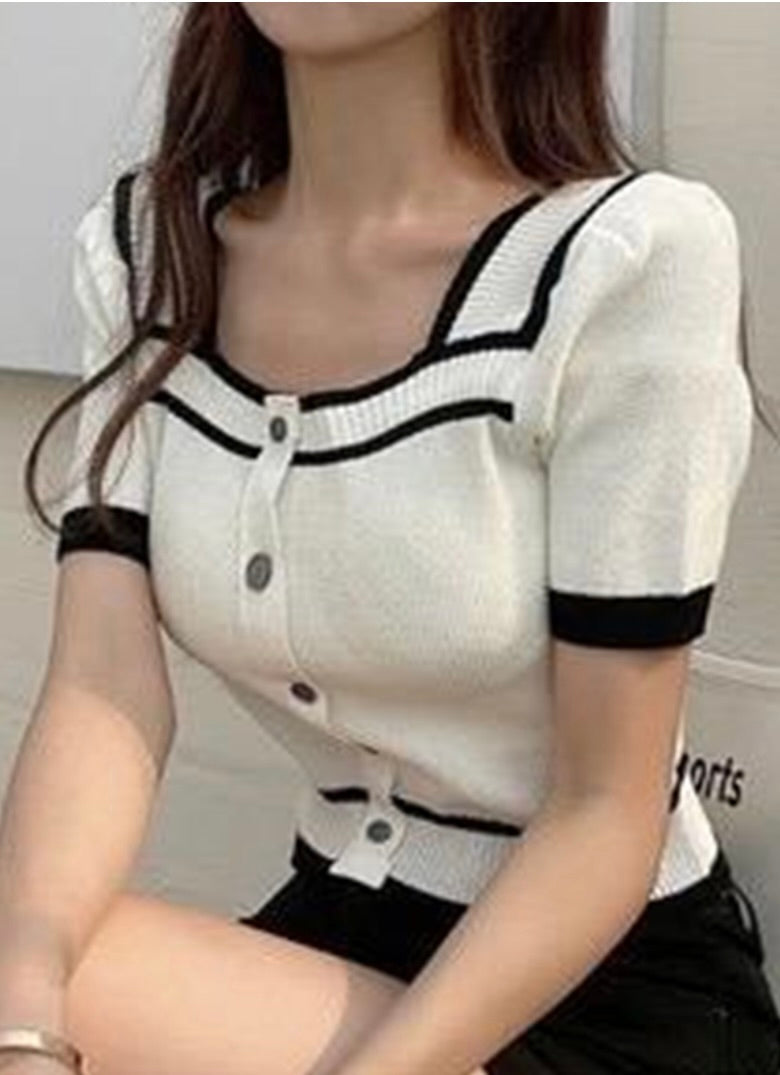 Cardigan decote quadrado bicolor(Branco)
