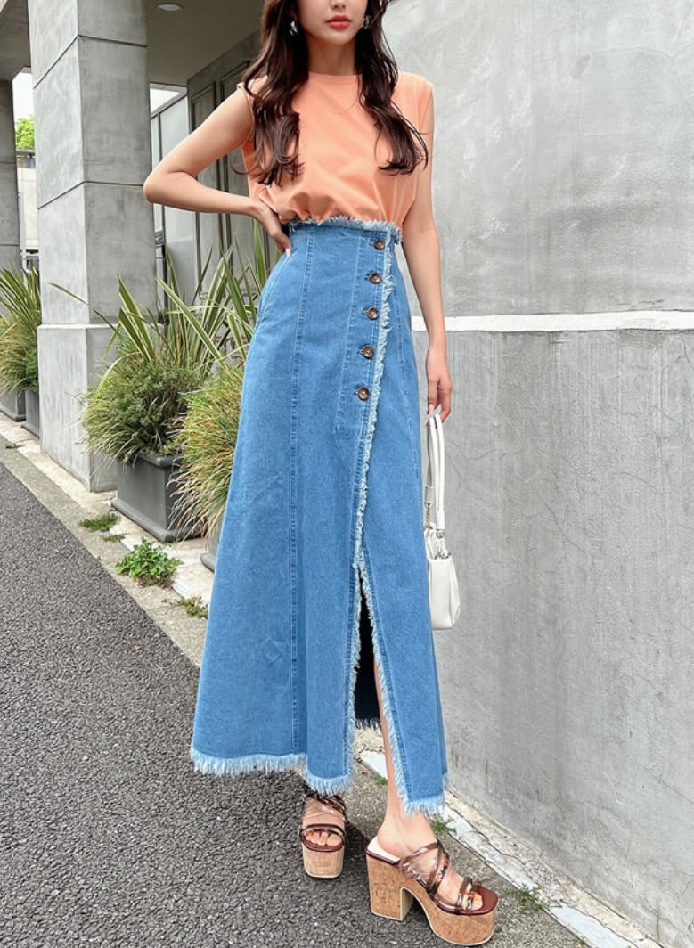 Saia de jeans longa com franjas delicadas(Azul claro)