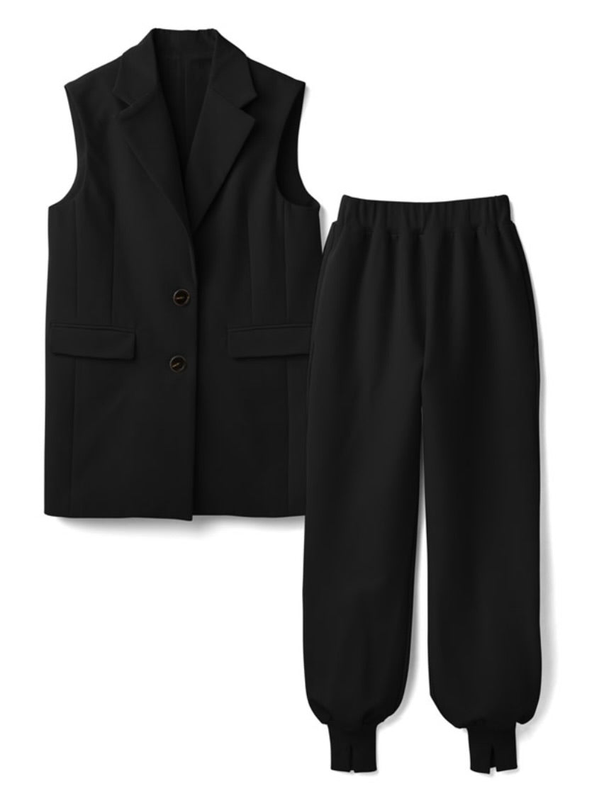 Conjunto de calça e jaqueta sem manga(Preto)
