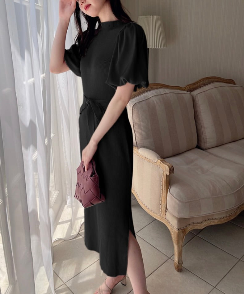 Vestido de tricô com cinto(Preto)