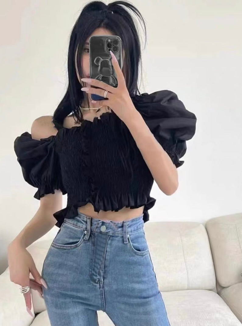 Tops franzidos com babados (Preto)