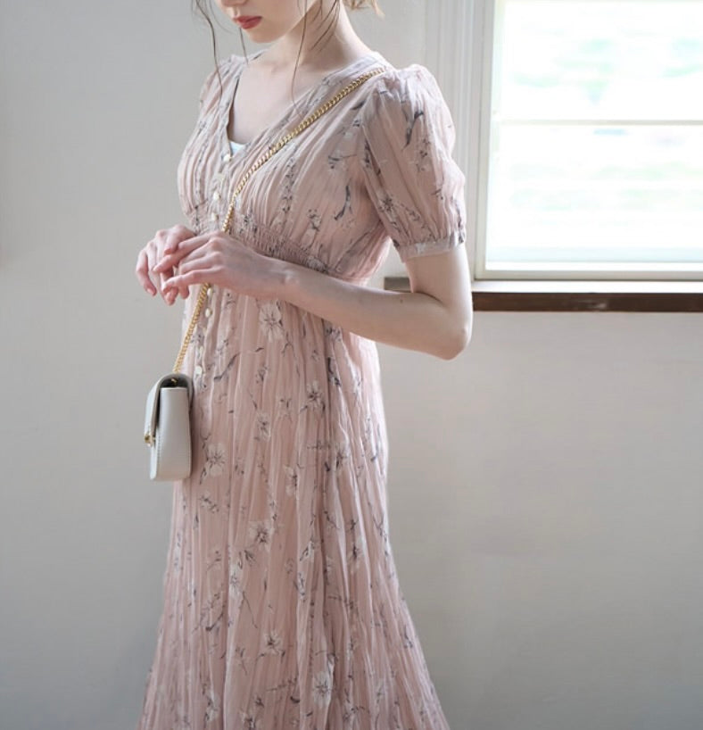 Vestido plissado florido(Rosa Bege)