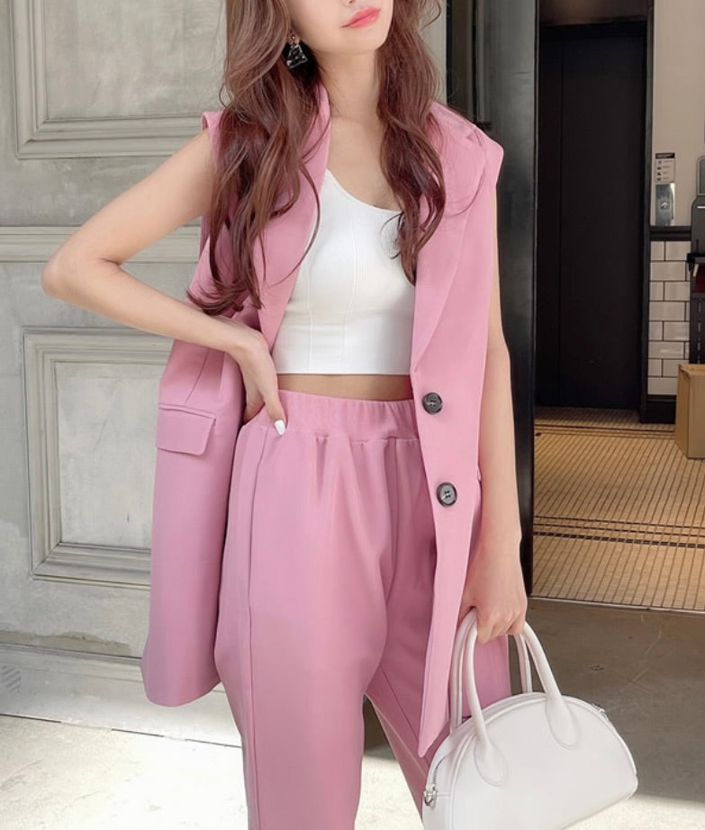Conjunto de calça e jaqueta sem manga(Rosa)
