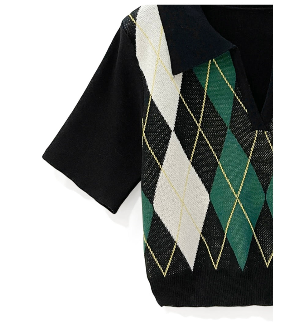 Top curto de malha xadrez(Preto)