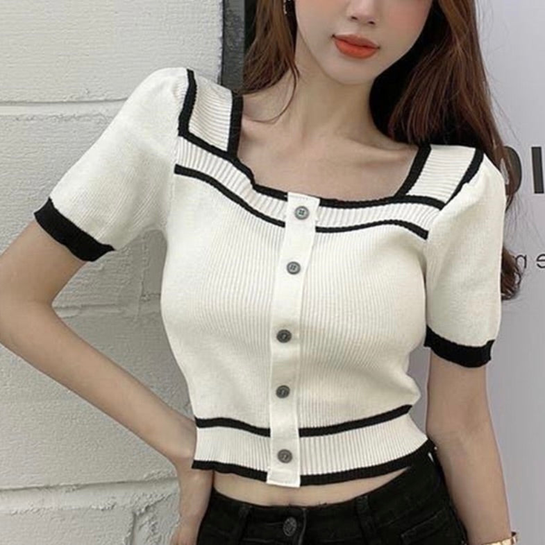 Cardigan decote quadrado bicolor(Branco)