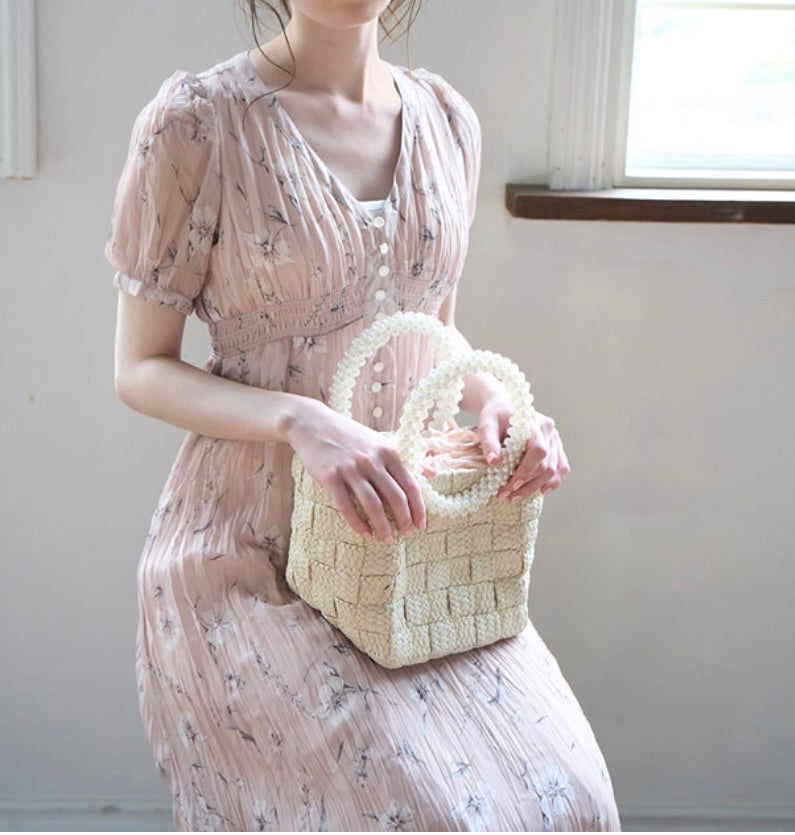 Vestido plissado florido(Rosa Bege)
