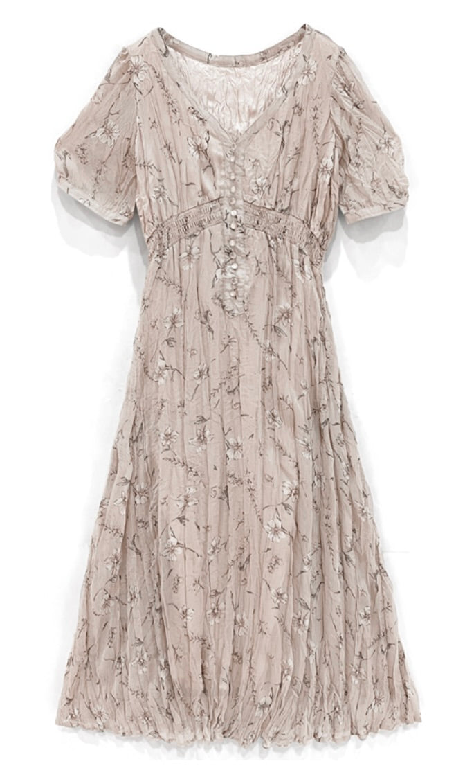 Vestido plissado florido(Rosa Bege)