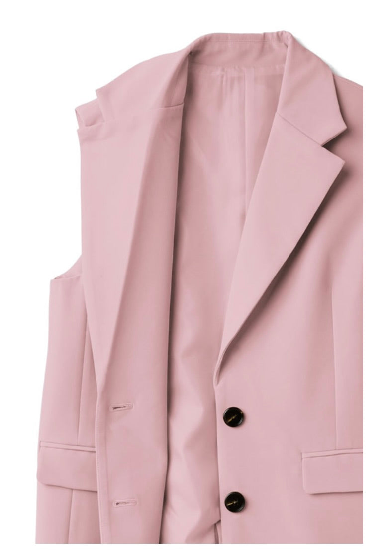 Conjunto de calça e jaqueta sem manga(Rosa)