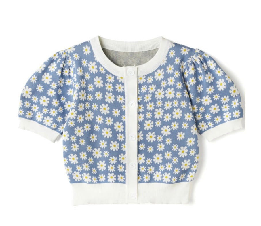 Cardigan com estampa flor margarida(Azul)