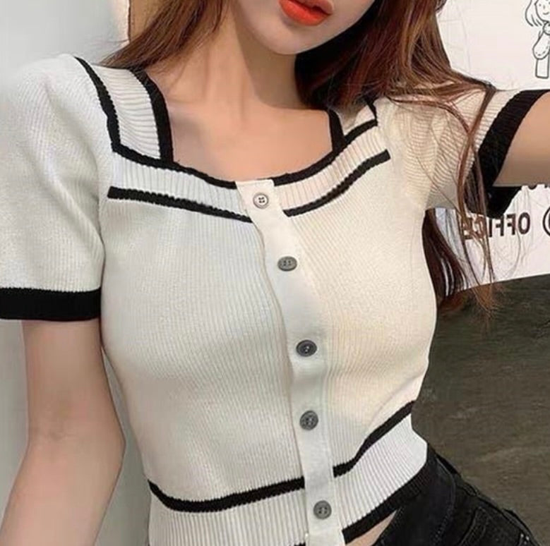 Cardigan decote quadrado bicolor(Branco)