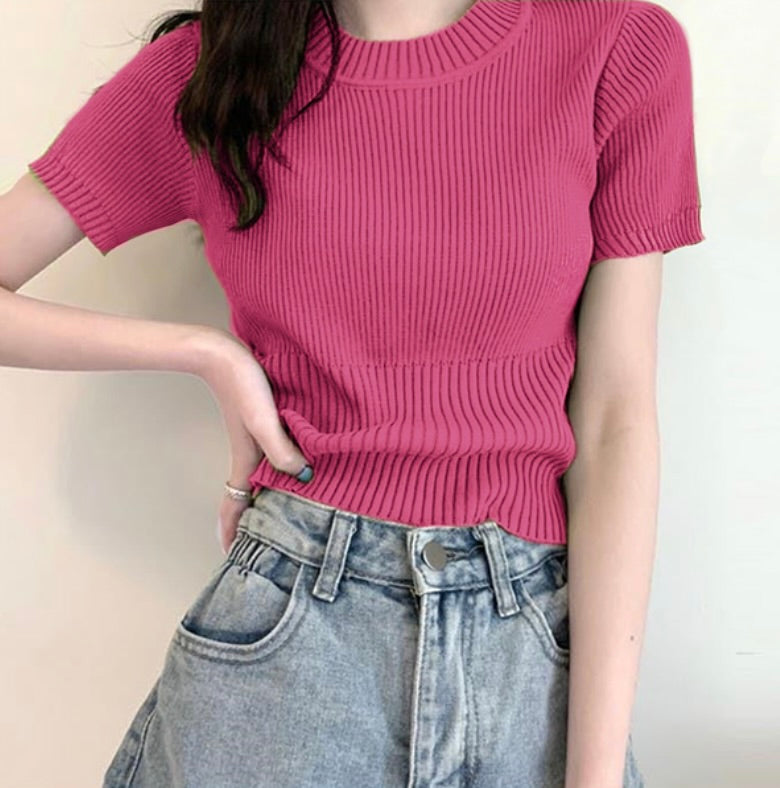 Top curto de tricô de verão(Rosa)