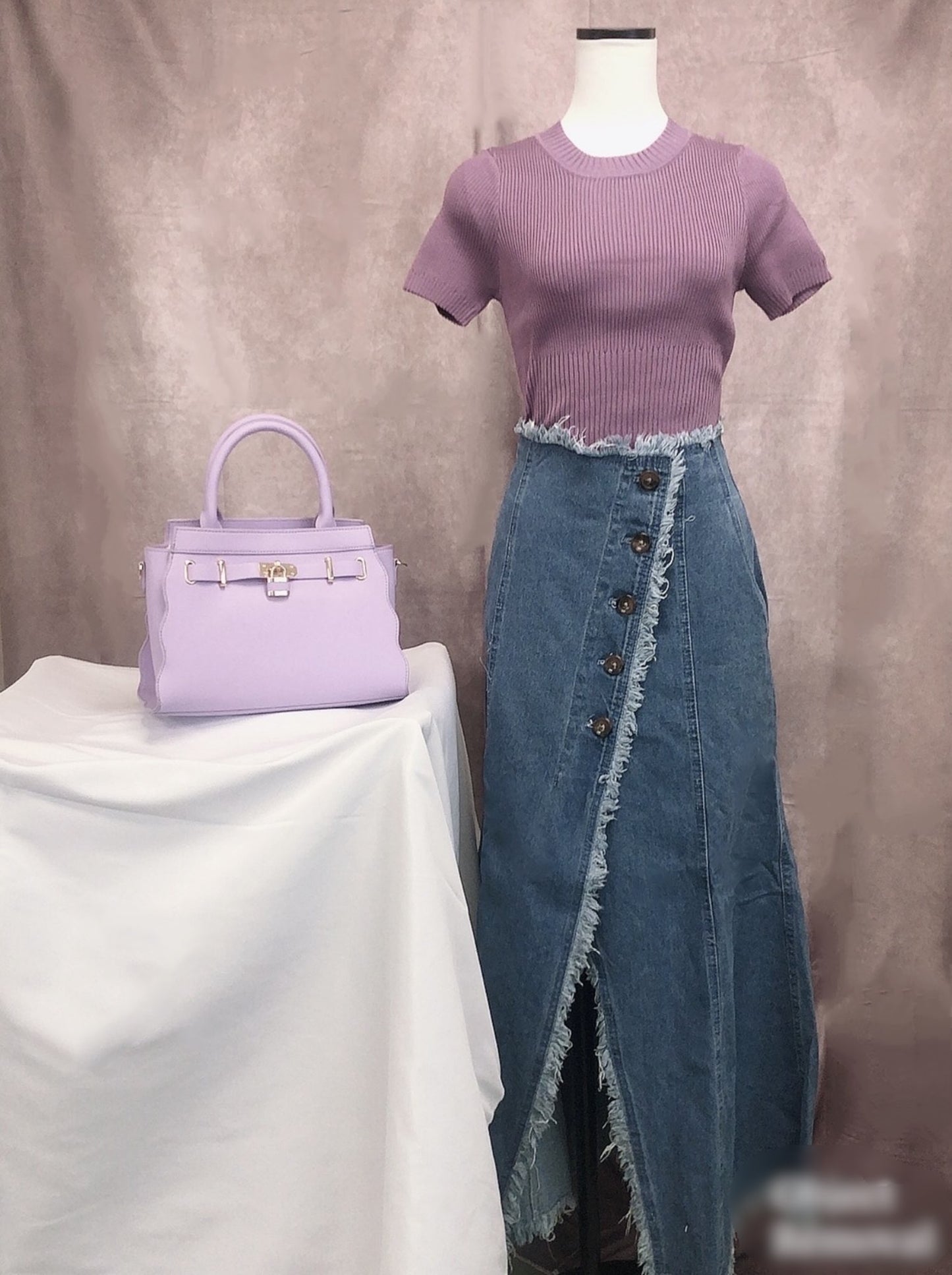 Saia de jeans longa com franjas delicadas(Azul)
