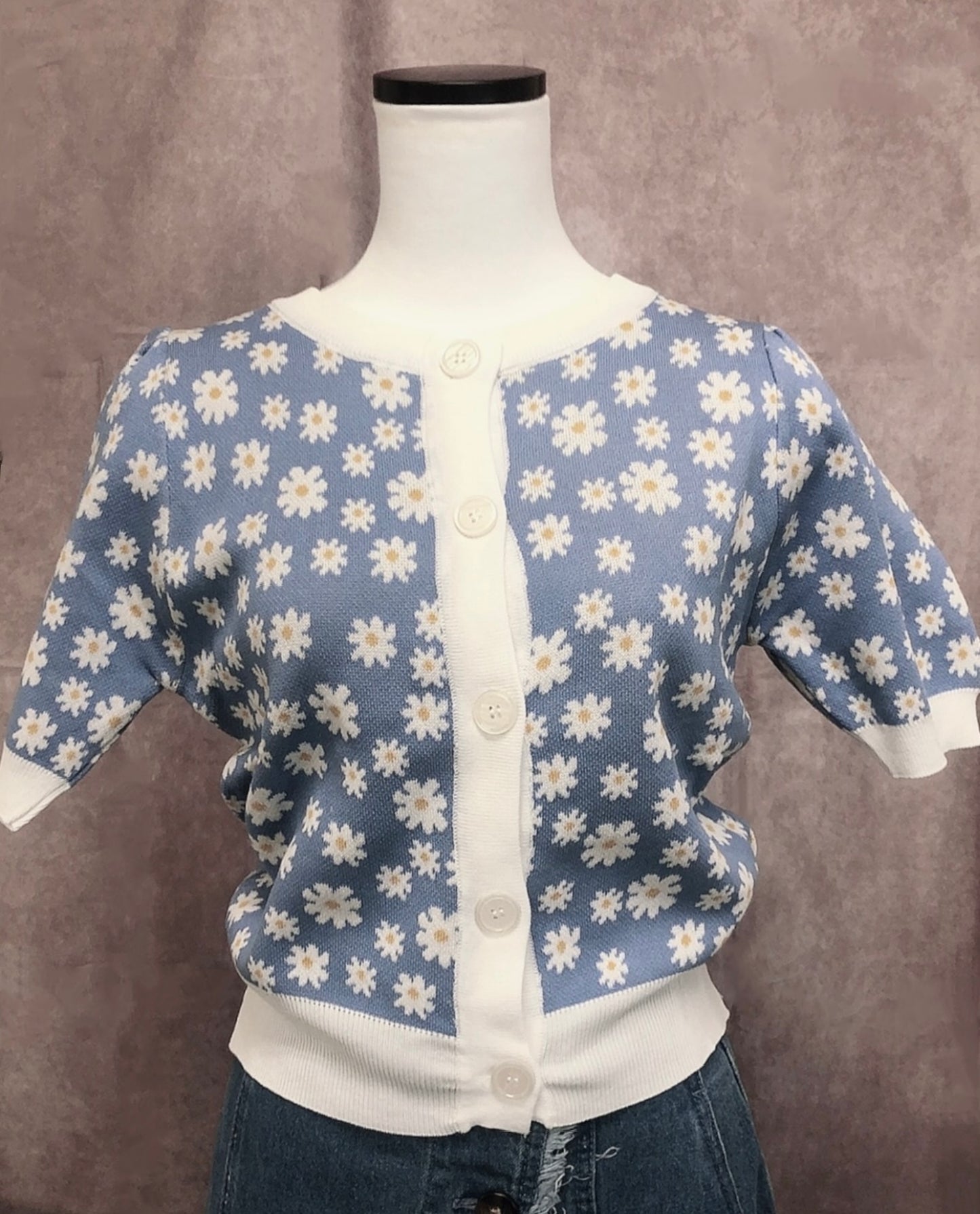 Cardigan com estampa flor margarida(Azul)