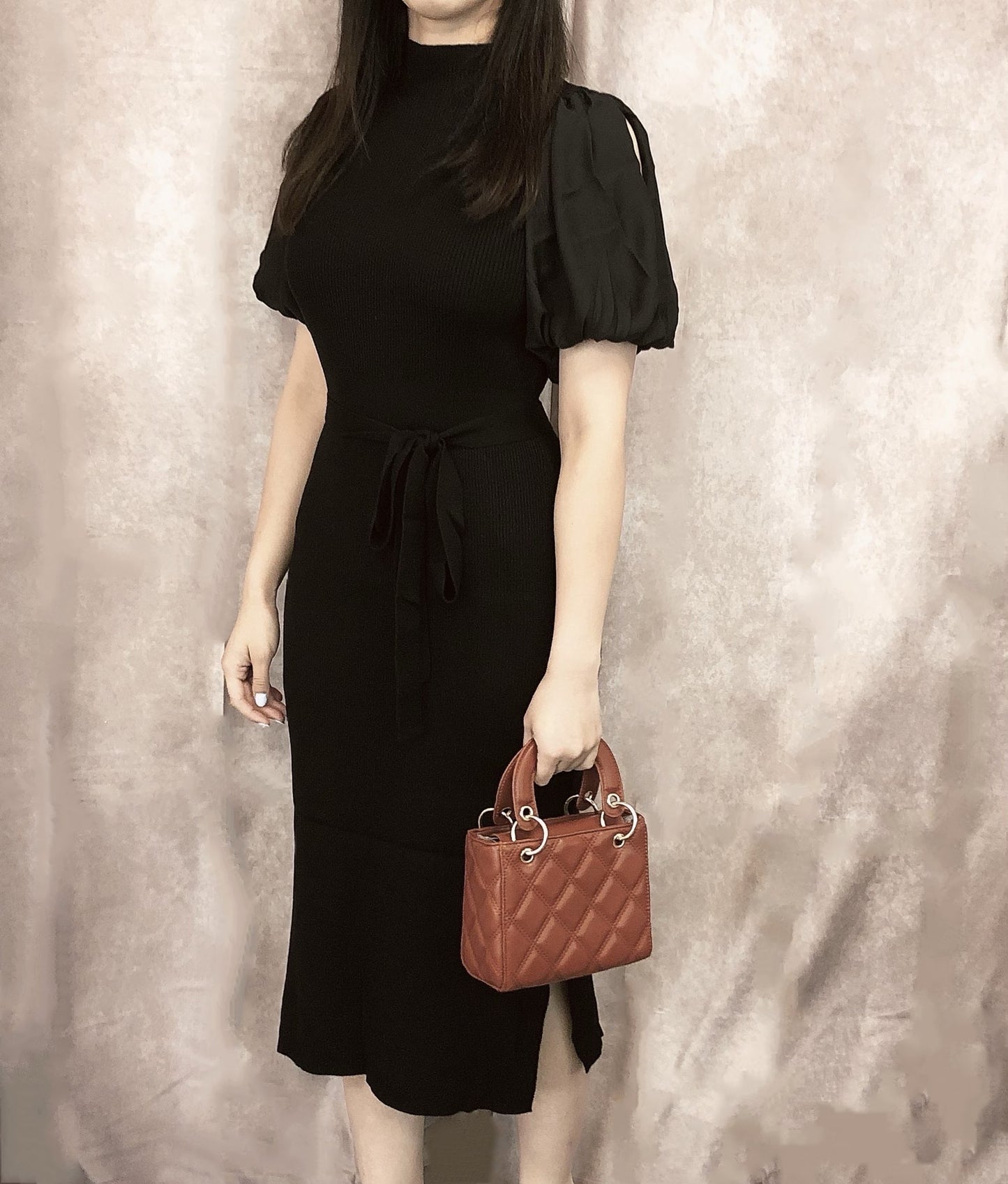 Vestido de tricô com cinto(Preto)