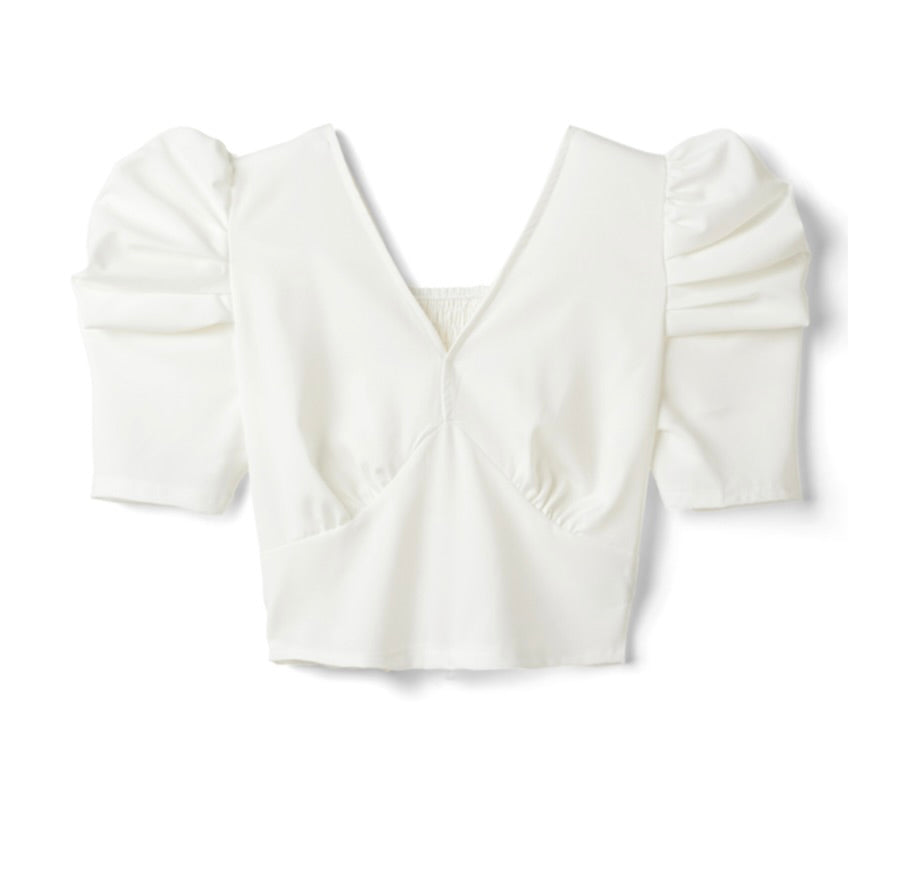 Tops curtos franzidos nas costas com decote em V(Branco)