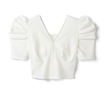 Tops curtos franzidos nas costas com decote em V(Branco)