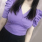 Tops curtos franzidos nas costas com decote em V(Roxo)