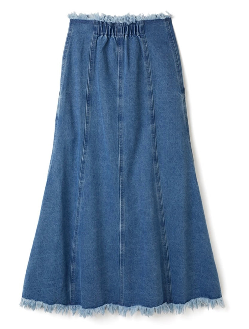 Saia de jeans  longa com franjas delicadas(Azul)