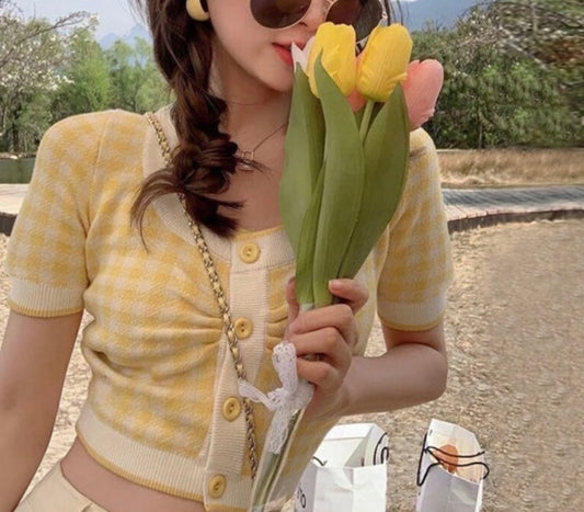 Cardigan de tricô estampa xadrez Gingham(Amarelo)