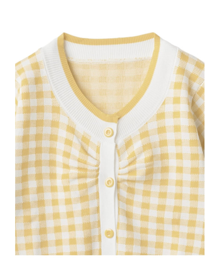 Cardigan de tricô estampa xadrez Gingham(Amarelo)