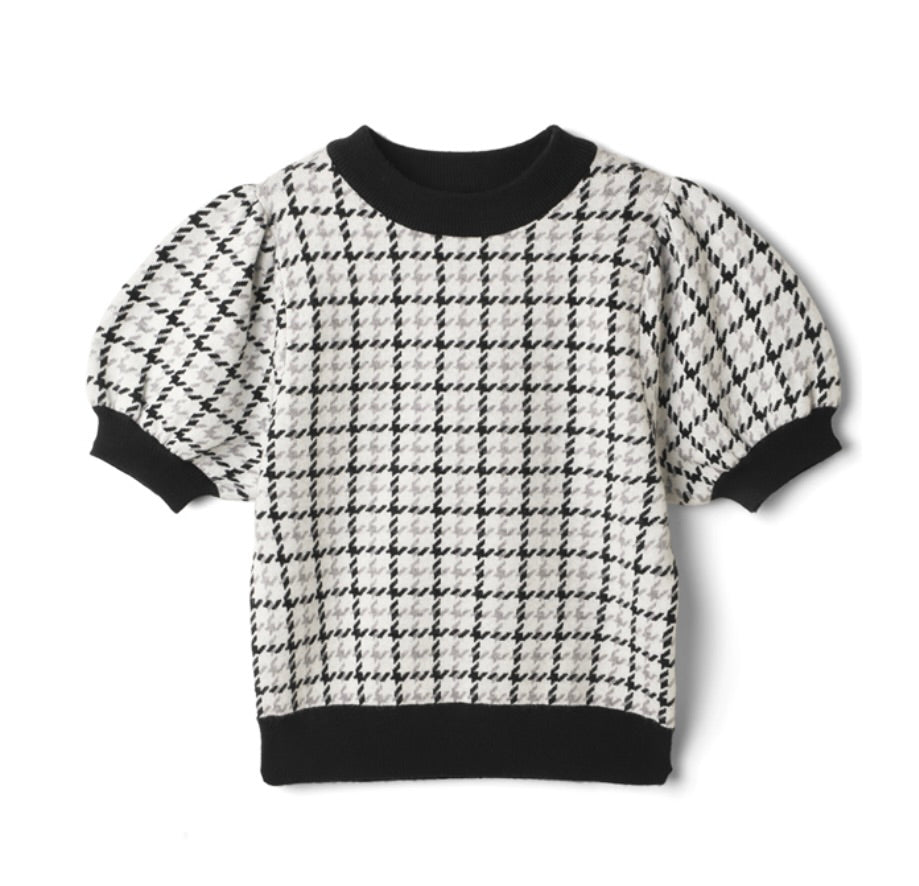 Top com manga bufante estampa pied-de-poule(Preto&Branco)