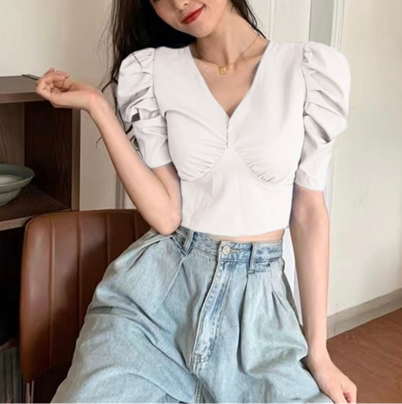 Tops curtos franzidos nas costas com decote em V(Branco)