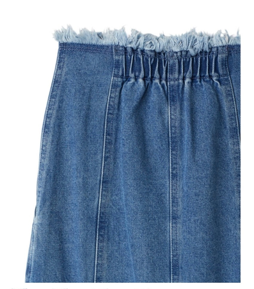 Saia de jeans  longa com franjas delicadas(Azul)