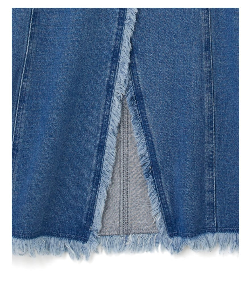 Saia de jeans  longa com franjas delicadas(Azul)