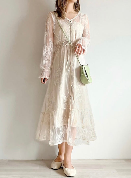 Vestido florido de renda(Bege)