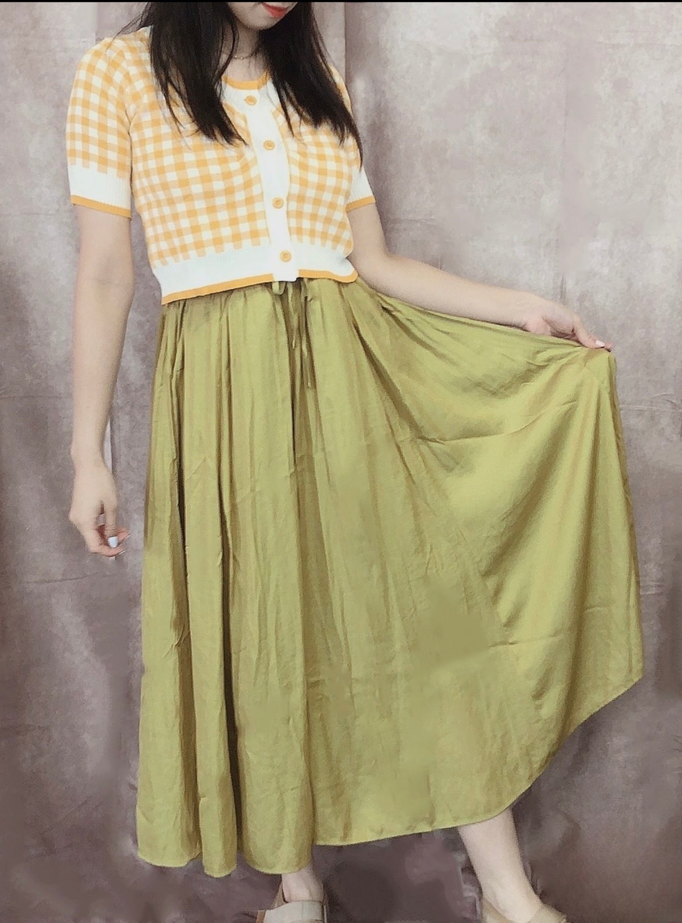 Cardigan de tricô estampa xadrez Gingham(Amarelo)
