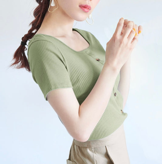 Camisa de malha com botão(Verde)