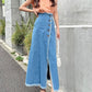 Saia de jeans  longa com franjas delicadas(Azul claro)