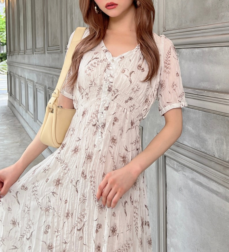 Vestido plissado florido(Branco)