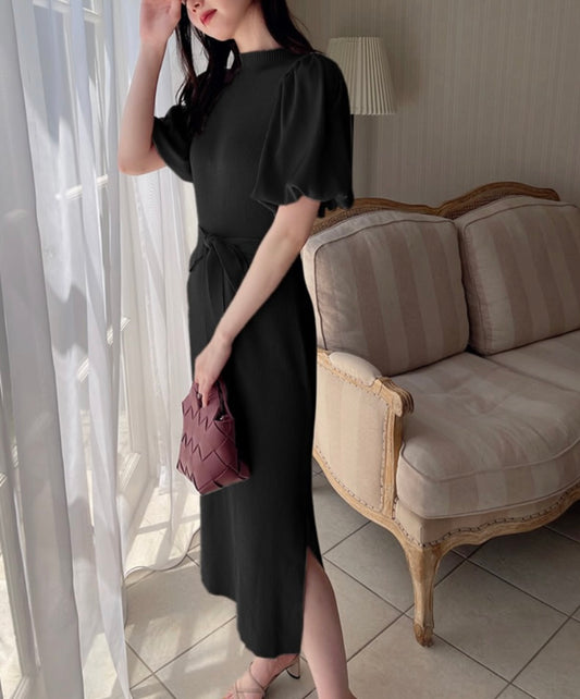Vestido de tricô com cinto(Preto)