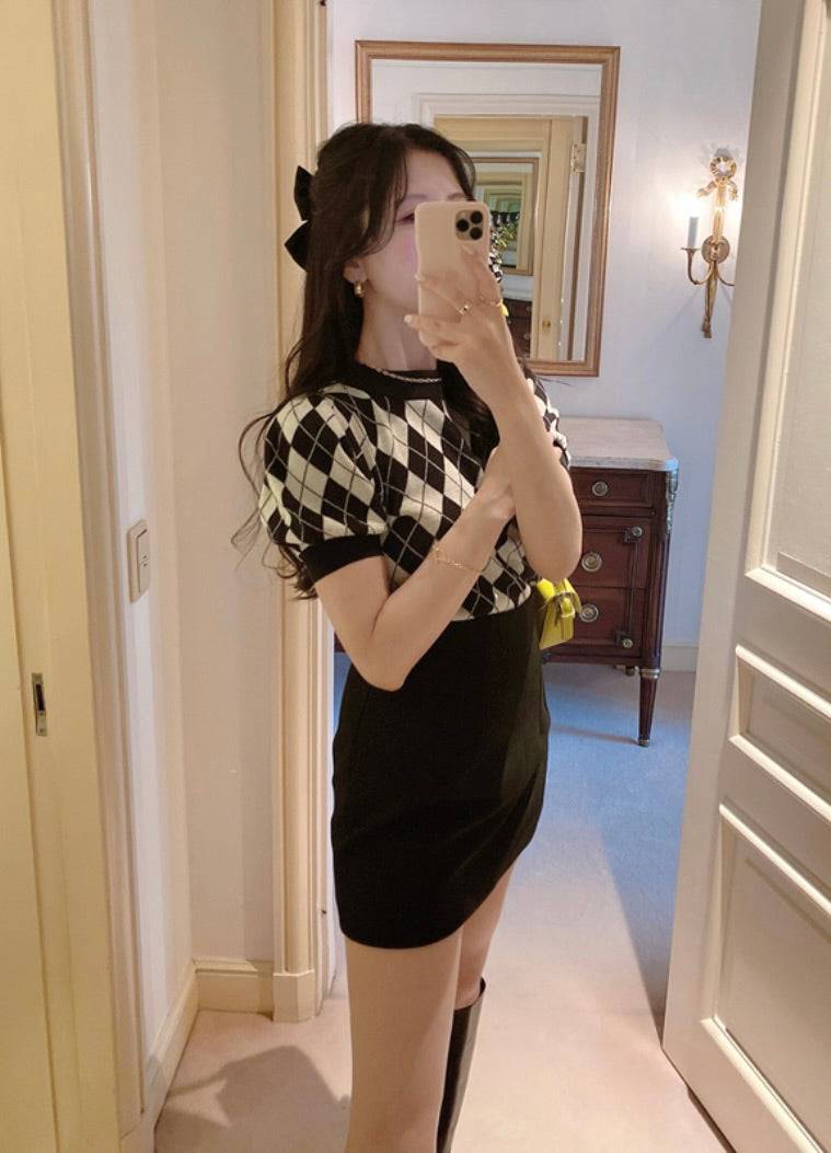 Top de malha estampa xadrez(Preto)