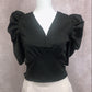 Tops curtos franzidos nas costas com decote em V(Preto)