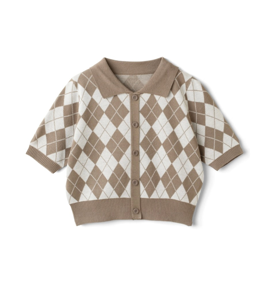 Cardigan curto com estampa xadrez(Bege)
