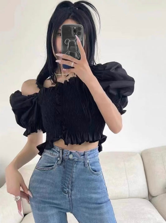 Tops franzidos com babados (Preto)