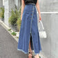 Saia de jeans  longa com franjas delicadas(Azul)