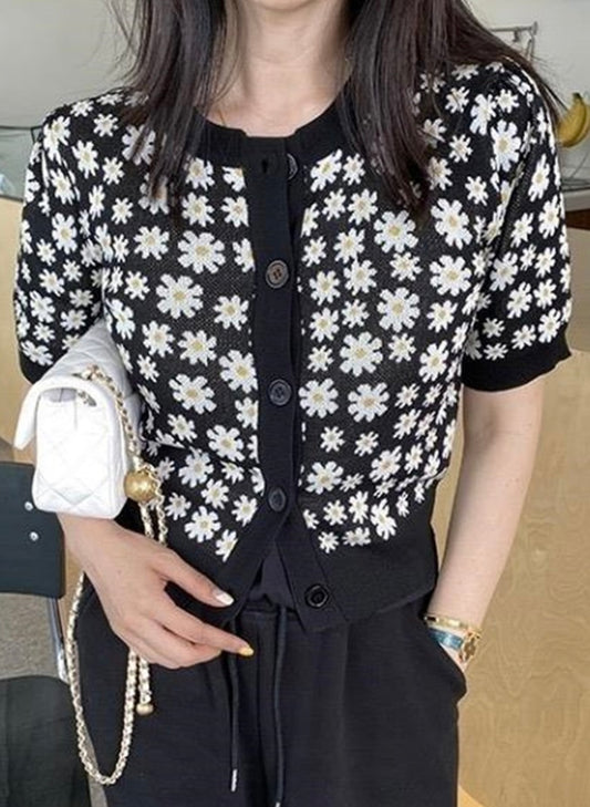 Cardigan com estampa flor margarida(Preto)