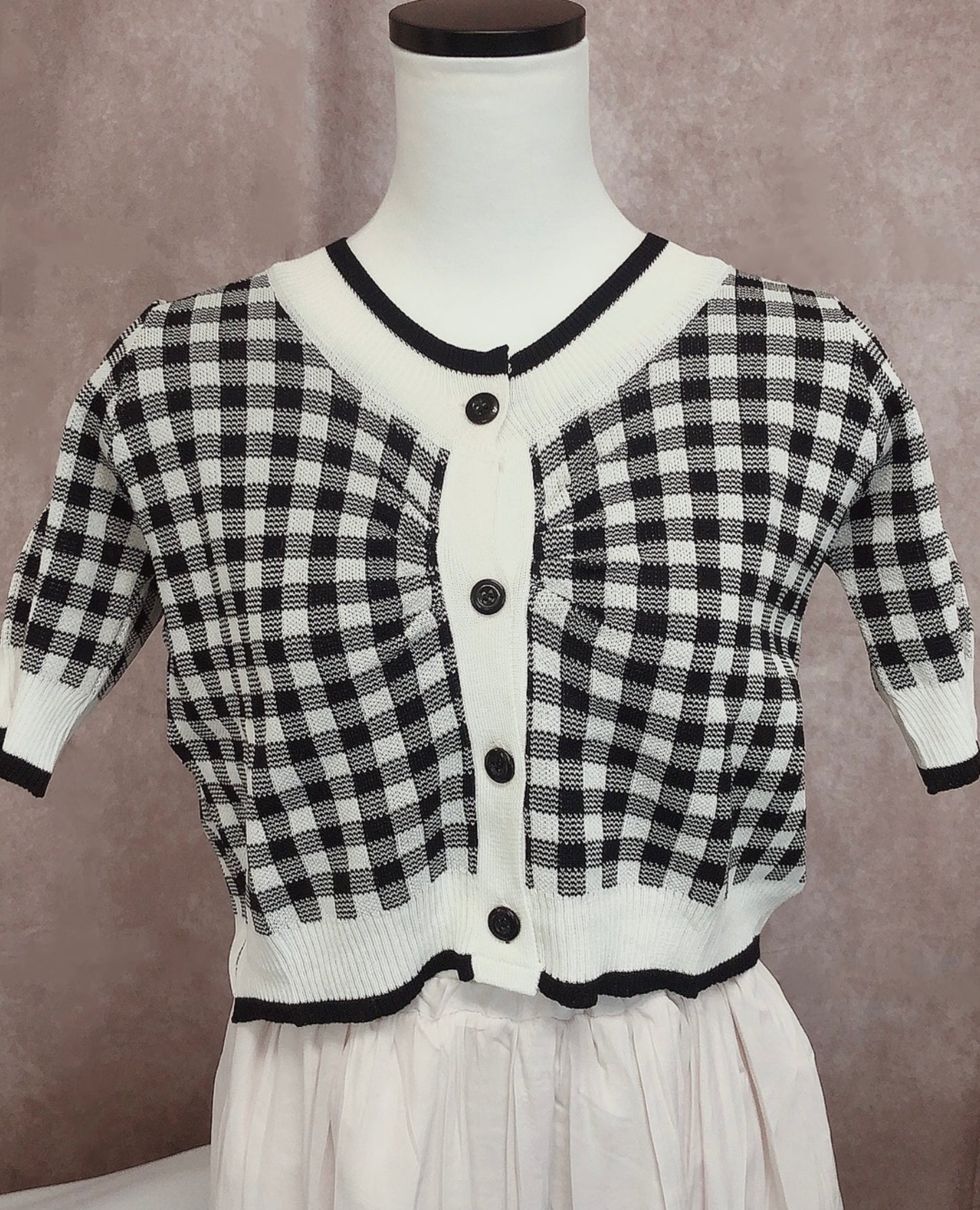 Cardigan de tricô estampa xadrez Gingham(Preto)