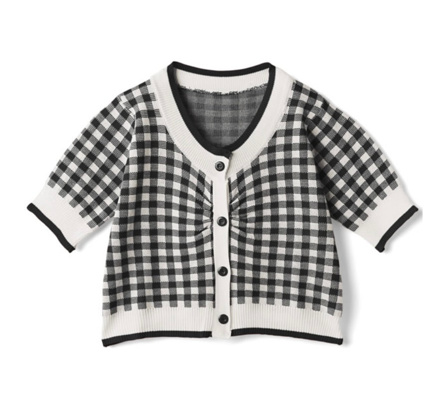 Cardigan de tricô estampa xadrez Gingham(Preto)
