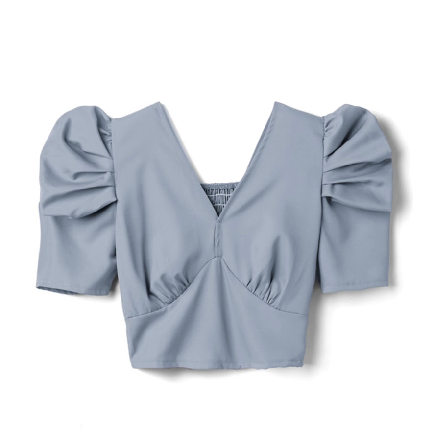 Tops curtos franzidos nas costas com decote em V(Azul)