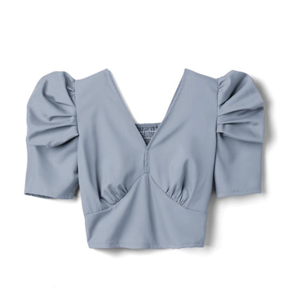 Tops curtos franzidos nas costas com decote em V(Azul)