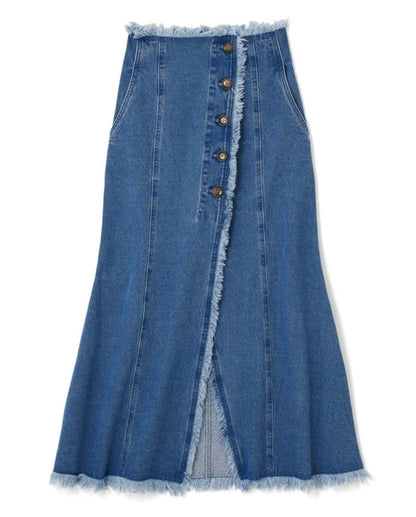 Saia de jeans  longa com franjas delicadas(Azul)