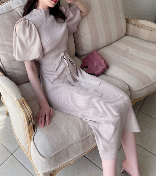 Vestido de tricô com cinto(Bege)