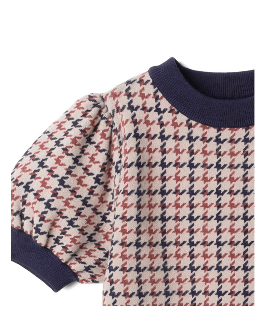Top com manga bufante estampa pied-de-poule(Preto&Branco)